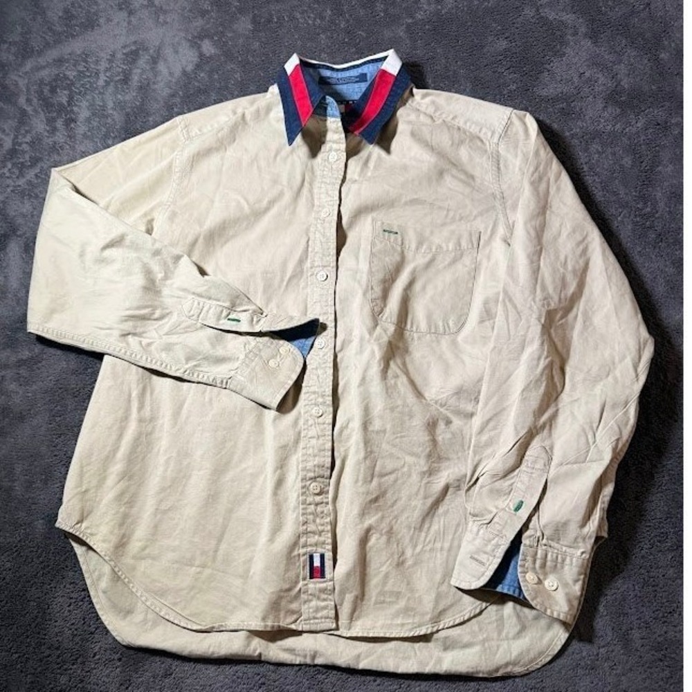 Tommy Jeans Vintage Khaki Button Down Shirt Striped Collar Tan Mens 10 L
